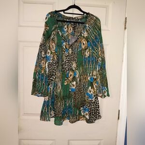 Ninety Clothing Elegant Multicolor Peacock Print Tunic Top Plus Sz 1X